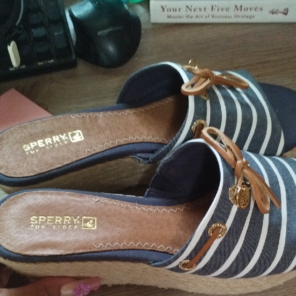 Sperry Navy and White Striped Wedge Sandals